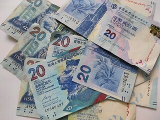 Hong Kong 20 dollar banknote  isolated on white background.