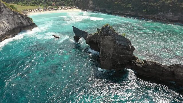 Aerial view of Atuh beach and rock formations, Nusa Penida, Bali, Indonesia