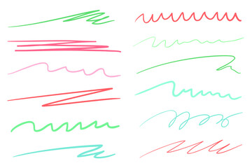 Hand drawn lettering underlines on white. Colored backgrounds with array of lines. Chaotic patterns. Colorful illustration. Sketchy elements for posters and flyers