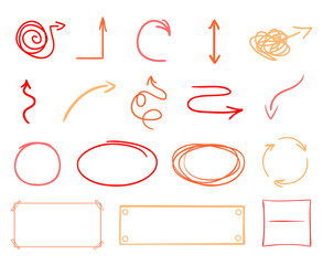 Infographic elements on isolated white background. Hand drawn tangled geometric shapes and arrows. Line art. Set of different pointers. Abstract indicators. Colored illustration. Sketchy elements