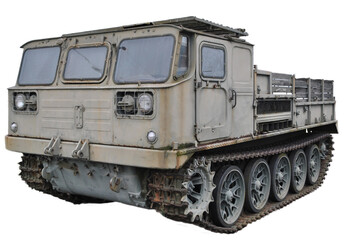 Tracked heavy military all-terrain vehicle on a white background