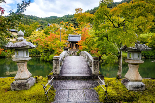 Beautiful stone bridge in Eikando Temple pond at fall