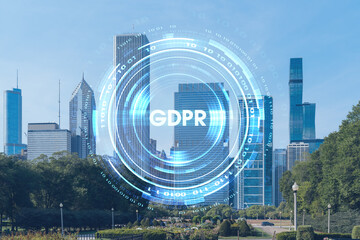 Chicago skyline from Butler Field towards financial district skyscrapers, day time, Illinois, USA. Parks and gardens. GDPR hologram, concept of data protection regulation and privacy for individuals