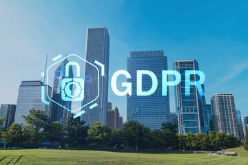 Chicago skyline from Butler Field towards financial district skyscrapers, day time, Illinois, USA. Parks and gardens. GDPR hologram, concept of data protection regulation and privacy for individuals