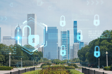 Chicago skyline from Butler Field towards financial district skyscrapers, day time, Chicago, Illinois, USA. Parks gardens. The concept of cyber security to protect companies confidential information
