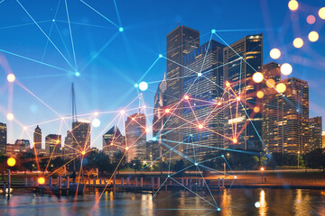 Downtown skyscrapers city view, Chicago skyline panorama, Lake Michigan, harbor area, night time, Illinois, USA. Social media hologram. Concept of networking and establishing new people connections
