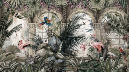 Fototapeta premium landscape classic ruins tropical wall arch palm trees, birds flamingo and parrot in the forest land escape with flying butterflies.