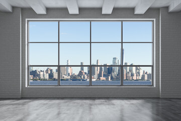 Obraz na płótnie Canvas Downtown New York City Lower Manhattan Skyline Buildings. High Floor Window. Beautiful Expensive Real Estate. Empty room Interior Skyscrapers View Cityscape. Financial district. Day. 3d rendering.