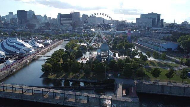 Old port downtown Montreal city harbor with the ferris wheel