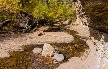 Small Creek Flowing Under Eroded Cliffs on The Devils Bathtub Trail, Spearfish Canyon, South Dakota, USA