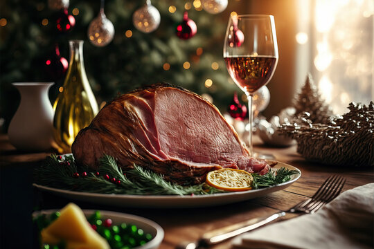 Traditional Christmas smoked roast pork ham sliced ​​on wooden cutting board with Christmas decoration