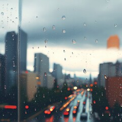 Photography of raindrops on the windows glass in focus with blured city skyline in the background