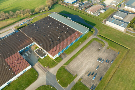 Aerial view of new factory building for producing and shipping of industrial equipment