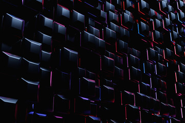 3D rendering. Black  pattern of cubes of different shapes under neon lights. Minimalistic pattern of simple shapes. Bright creative symmetric texture
