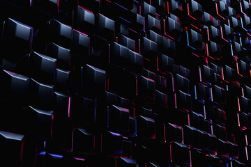 Obraz premium 3D rendering. Black pattern of cubes of different shapes under neon lights. Minimalistic pattern of simple shapes. Bright creative symmetric texture