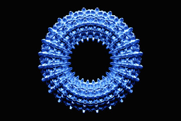 Blue  futuristic neon torus donut on black  isolated background. 3D rendering