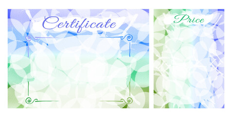 Set for business design, certificate and price list template. Watercolor abstract frames, violet, green, blue gradient with leave texture. Certificate, diploma for printing