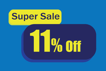 11% off super sale, promotion for retail. Blue and yellow rectangles with large yellow numbers centered combined with small blue letters at the top. Discount sticker for stores and the like.