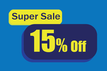 15% off super sale, promotion for retail. Blue and yellow rectangles with large yellow numbers centered combined with small blue letters at the top. Discount sticker for stores and the like.