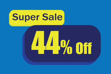 44% off super sale, promotion for retail. Blue and yellow rectangles with large yellow numbers centered combined with small blue letters at the top. Discount sticker for stores and the like.
