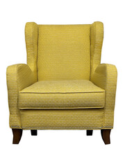Isolated yellow armchair with soft armrests. Yellow chair on white background 
