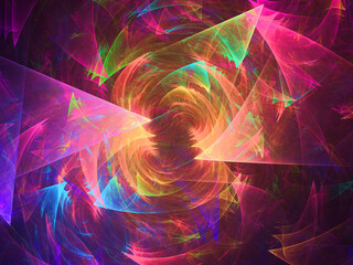 Imagen de arte fractal digital compuesta de formas triangulares irregulares y translúcidas en un conjunto que tiene la apariencia de ser una espiral psicodélica destructora del espacio. - obrazy, fototapety, plakaty