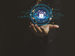 businessman's hands showing Cybersecurity, digital, protection against online attacks Maintain personal security information Protection of financial information