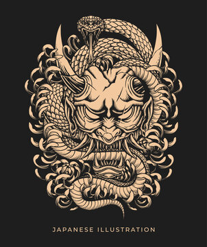 Oni mask illustration design with dark art style