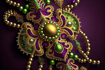 Computer-generated image of an intricate Mardi Gras beads. Traditional Mardi Gras beads with ornate feathers and purple, gold, and green highlights for Fat Tuesday