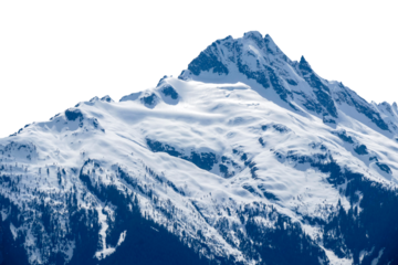 Mountain winter landscape. Mountain covered by ice, snow and trees. PNG transparent image.