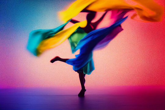 A colorful illustration of blurred intentional camera movement of a female dancing with scarves