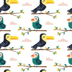 Funny cartoon colorful doodle of bird illustration seamless pattern background in vector