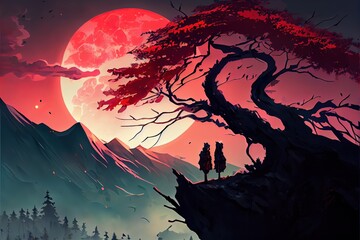 Mountain and clouds digital wallpaper, two anime character standing on wood branch facing mountain and red moon illustration,Generative AI