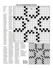 Fototapeta premium Fill in the blanks crossword puzzle with american style grid of 21x21 size, 68 blocks, 110 words, one letter revealed. Answer included. 