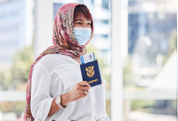 Travel, immigration and refugee woman with passport, mask and hijab at customs with ticket. Covid...