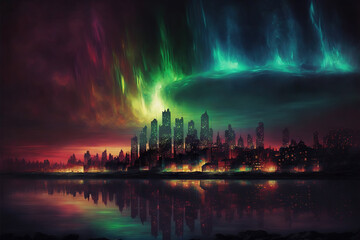 Aurora Borealis over City Skyline, AI Generated Illustration