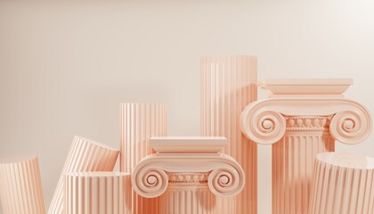 3d luxury podium with roman column for product background podium classic style  for show cosmetic products display case  on dark green background.