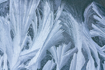 window glass with fancy icy pattern. winter frosty natural background.