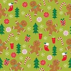 seamless pattern with gingerbread and christmas trees design