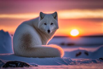 Fototapeta premium Arctic Fox sitting in arctic sunset. Beautiful nature background. Digital art 