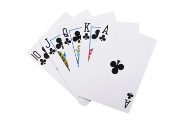 Playing cards isolated on white background. Hand of playing clubs cards isolated.