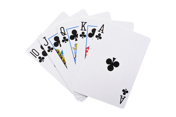 Obraz premium Playing cards isolated on white background. Hand of playing clubs cards isolated.