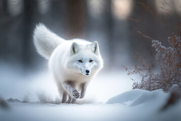 Obraz premium Arctic Fox stalking prey in snowy winter forest. Digital art