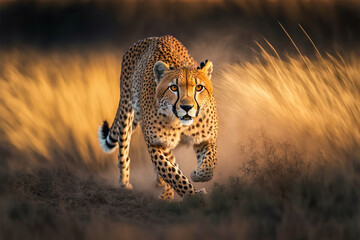 A cheetah stalks prey in the savannah. Digital art - obrazy, fototapety, plakaty
