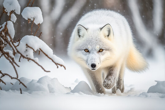 Arctic Fox stalking prey in snowy winter forest. Digital art