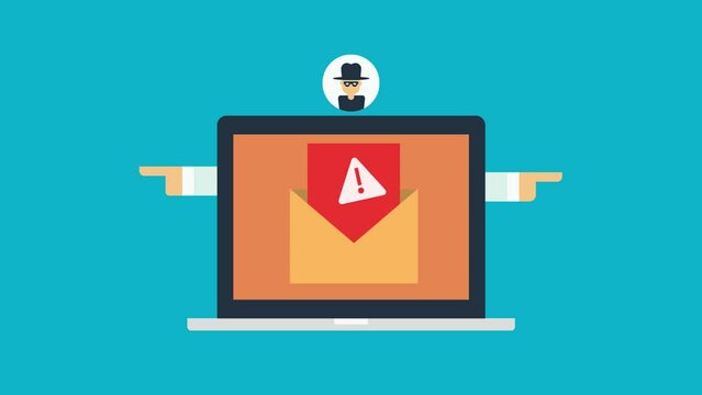 Animation concept of email phishing attack, spam warning email on laptop screen hacker stealing financial and personal information.