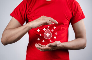 man hands holding virtual donation blood icon, blood transfusion, world blood donor day, world...