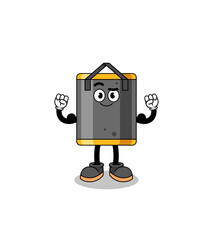 Mascot cartoon of punching bag posing with muscle