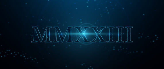 2023 New Year. MMXXII Roman Numerals form lines and triangles, points connecting networks on blue background. Illustration vector