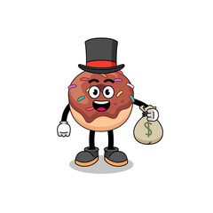 donuts mascot illustration rich man holding a money sack